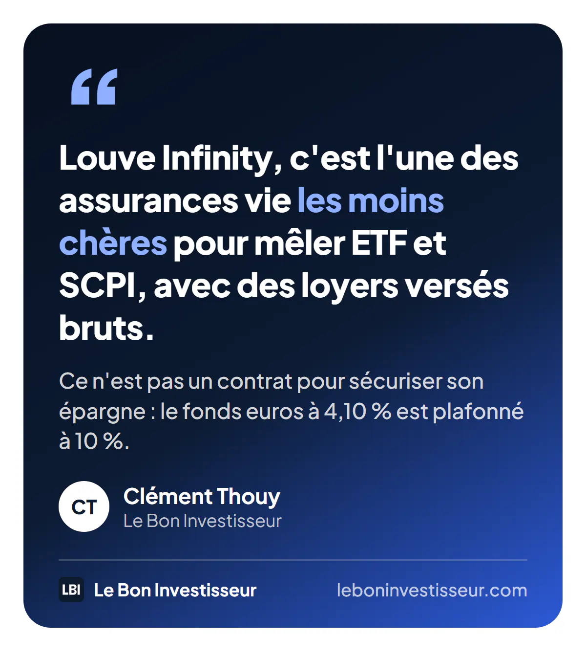 Citation : « Louve Infinity, c'est l'une des assurances vie les moins chères pour mêler ETF et SCPI, avec des loyers versés bruts. Ce n'est pas un contrat pour sécuriser son épargne : le fonds euros à 4,10 % est plafonné à 10 %. » Clément Thouy, Le Bon Investisseur.