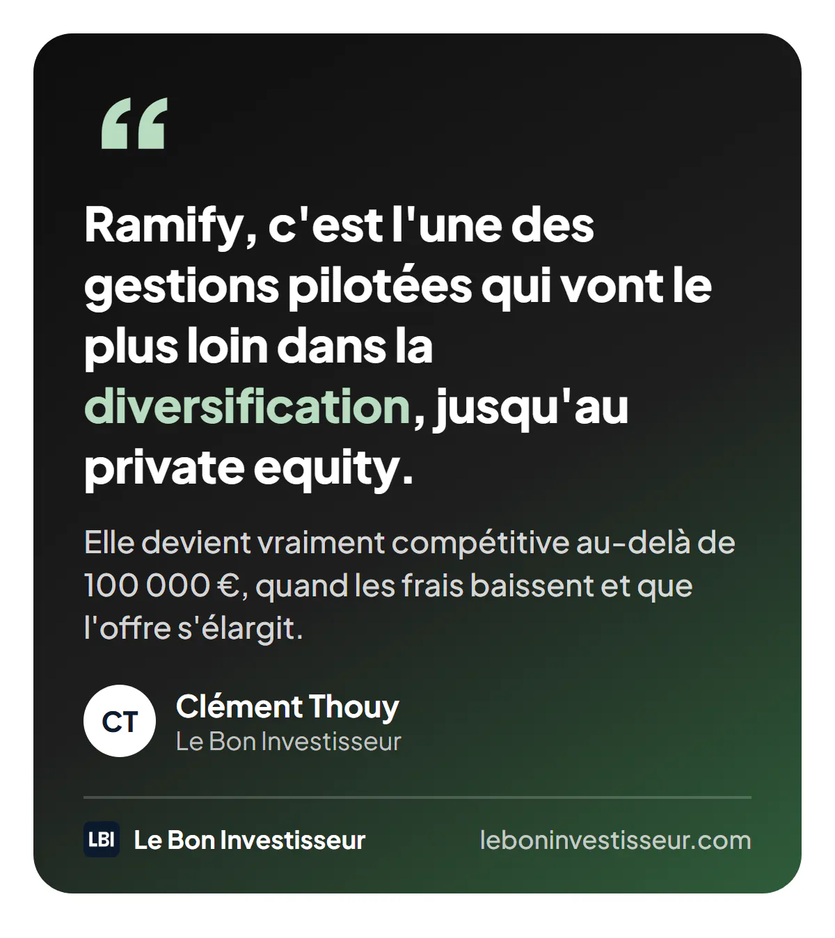 Citation : « Ramify, c'est l'une des gestions pilotées qui vont le plus loin dans la diversification, jusqu'au private equity. Elle devient vraiment compétitive au-delà de 100 000 euros, quand les frais baissent et que l'offre s'élargit. » Clément Thouy, Le Bon Investisseur.