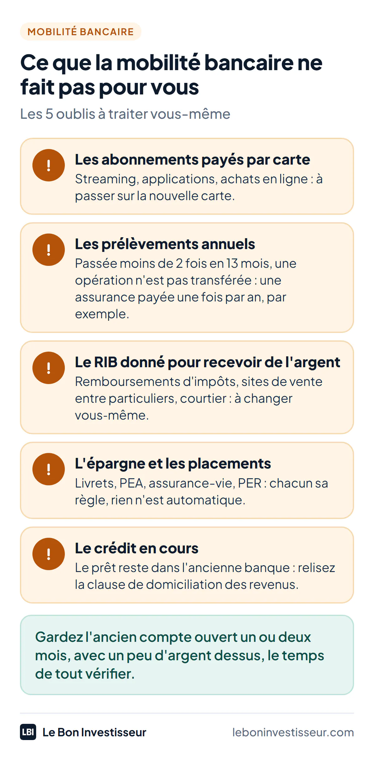 Ce que la mobilité bancaire ne fait pas pour vous. Les abonnements payés par carte : streaming, applications, achats en ligne, à passer sur la nouvelle carte. Les prélèvements annuels : une opération passée moins de 2 fois en 13 mois n'est pas transférée, comme une assurance payée une fois par an. Les comptes où votre RIB est enregistré pour recevoir de l'argent : remboursements d'impôts, sites de vente entre particuliers, courtier. L'épargne et les placements : livrets, PEA, assurance-vie, PER, chacun sa règle. Le crédit en cours : le prêt reste dans l'ancienne banque. Conseil : gardez l'ancien compte ouvert un ou deux mois, avec un peu d'argent dessus, le temps de tout vérifier.