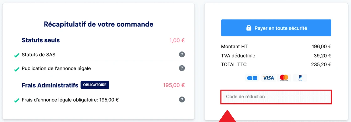 Panier LegalPlace pour des statuts de SAS : statuts seuls à 1 euro, frais d'annonce légale obligatoires à 195 euros, total de 196 euros hors taxes, et le champ Code de réduction encadré en rouge sous le bouton de paiement.