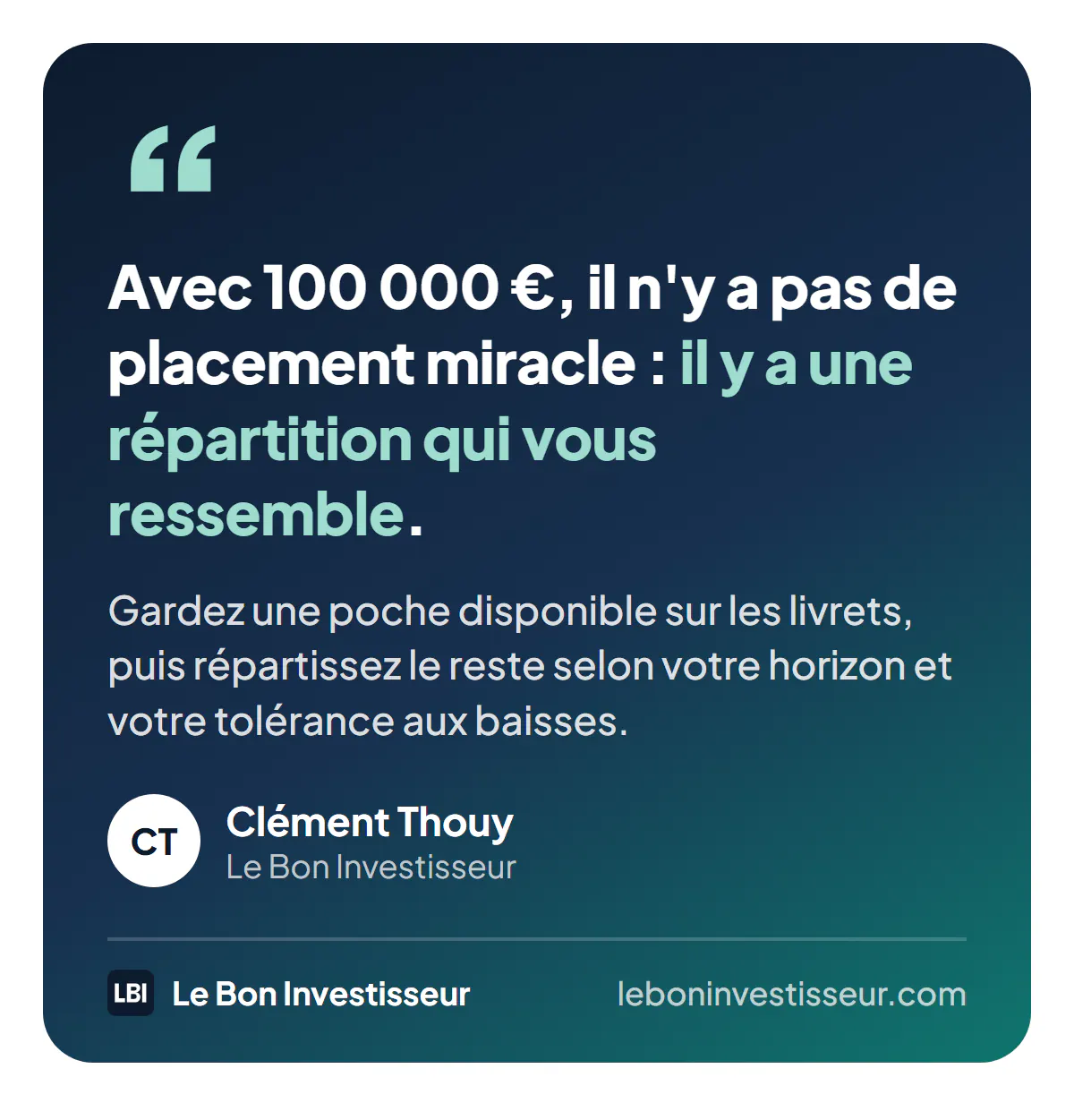 Citation : « Avec 100 000 €, il n'y a pas de placement miracle : il y a une répartition qui vous ressemble. Gardez une poche disponible sur les livrets, puis répartissez le reste selon votre horizon et votre tolérance aux baisses. » Clément Thouy, Le Bon Investisseur.