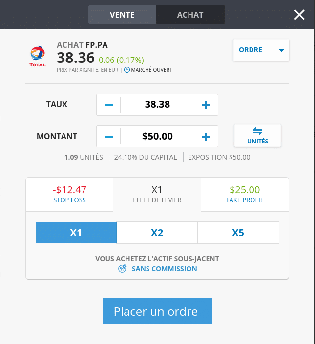 Pop-up de passage d’ordre avec eToro. « Taux » désigne ici le prix d’achat.